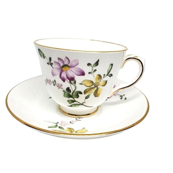 Fine Bone China Crown Staffordshire England Violet Purple Yellow Floral Gold Tri - Picture 1 of 12